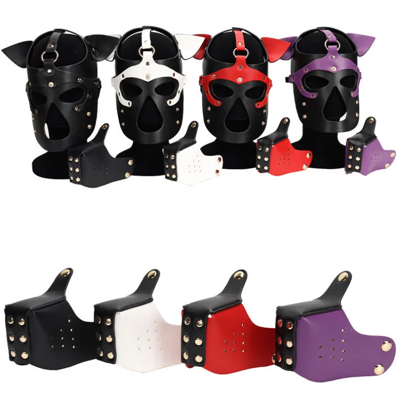 Unisex Sexy Fetish Role Play Costumes of Leather Harness Dog Mask Headgear for Halloween Carnival Masquerade Party Fun Prop