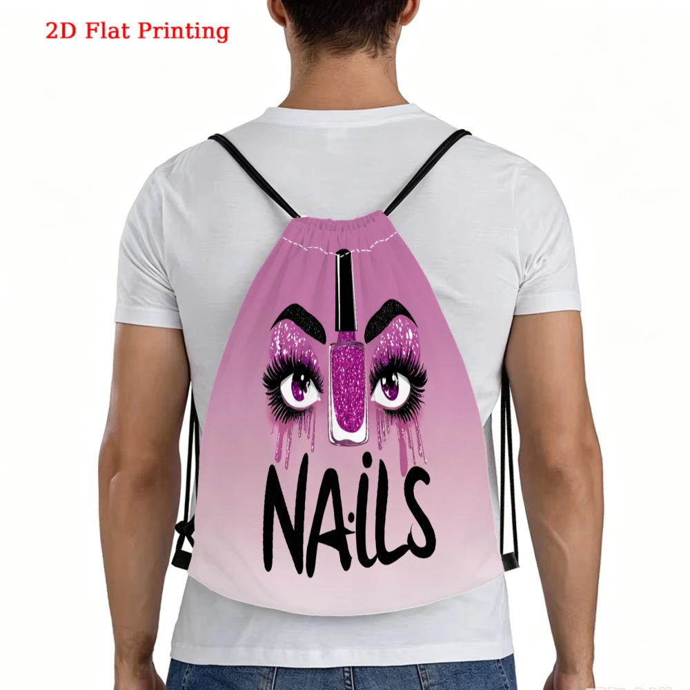 Fashionable, Drawstring Backpack, 2D Flat Printing Purple Face Nails Design, Fitness Sports Bag, Outdoor Travel Cinch Sack