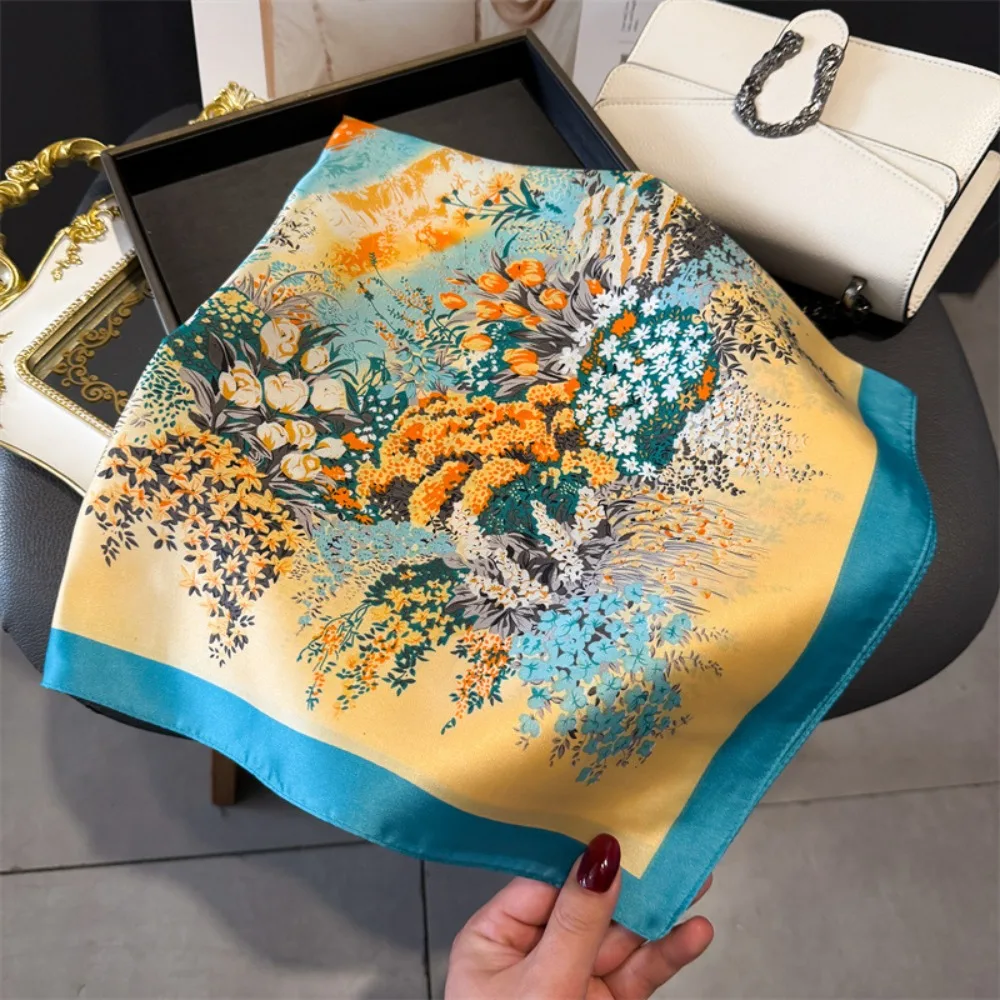 

Модный атласный квадратный платок с принтом, имитация шелка, 70 см, женская шаль, лента для волос