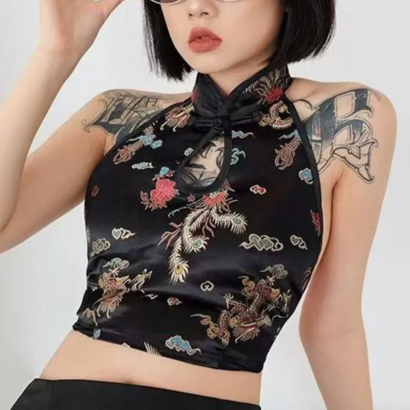 

2025 Dragon Embroidery Sexy Cheongsam Crop Top Backless Halter Vintage Asian Party Tops Silk Chinese Summer Fashion Qipao Vest