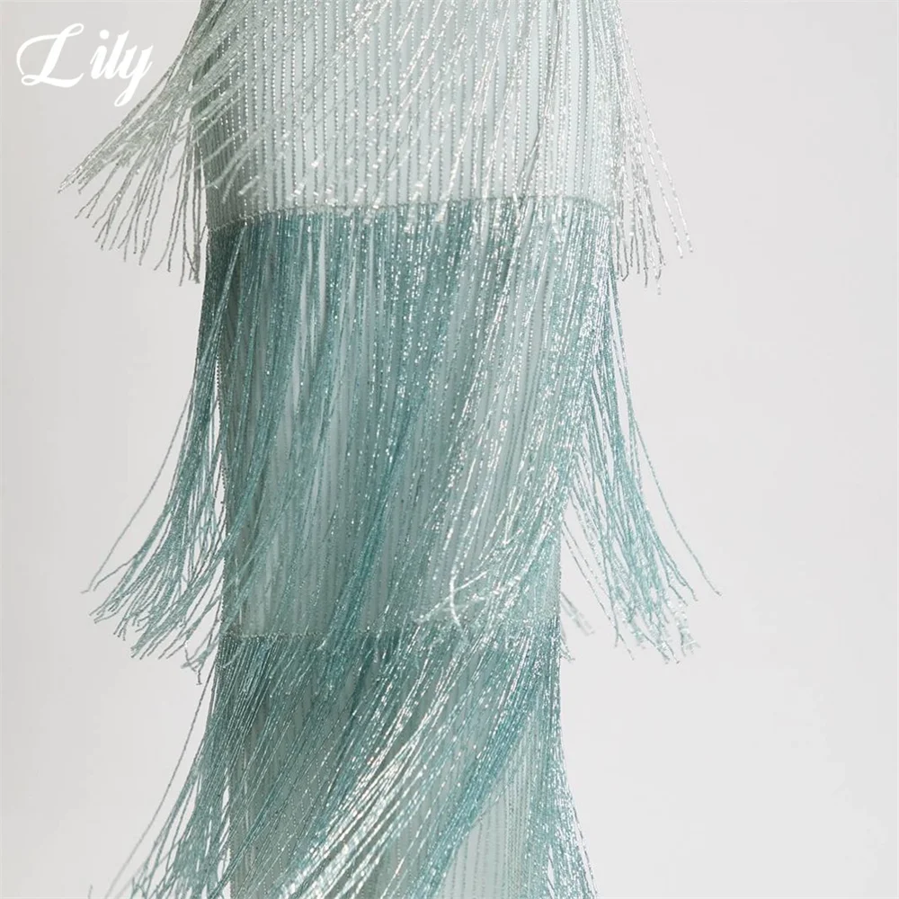 Lily Light Cyan Prom Dresses Spaghetti Strap Tiered Tassel Gala Dresses Beaded Bodice Saudi Arabic Evening Party Gown Customized image 5