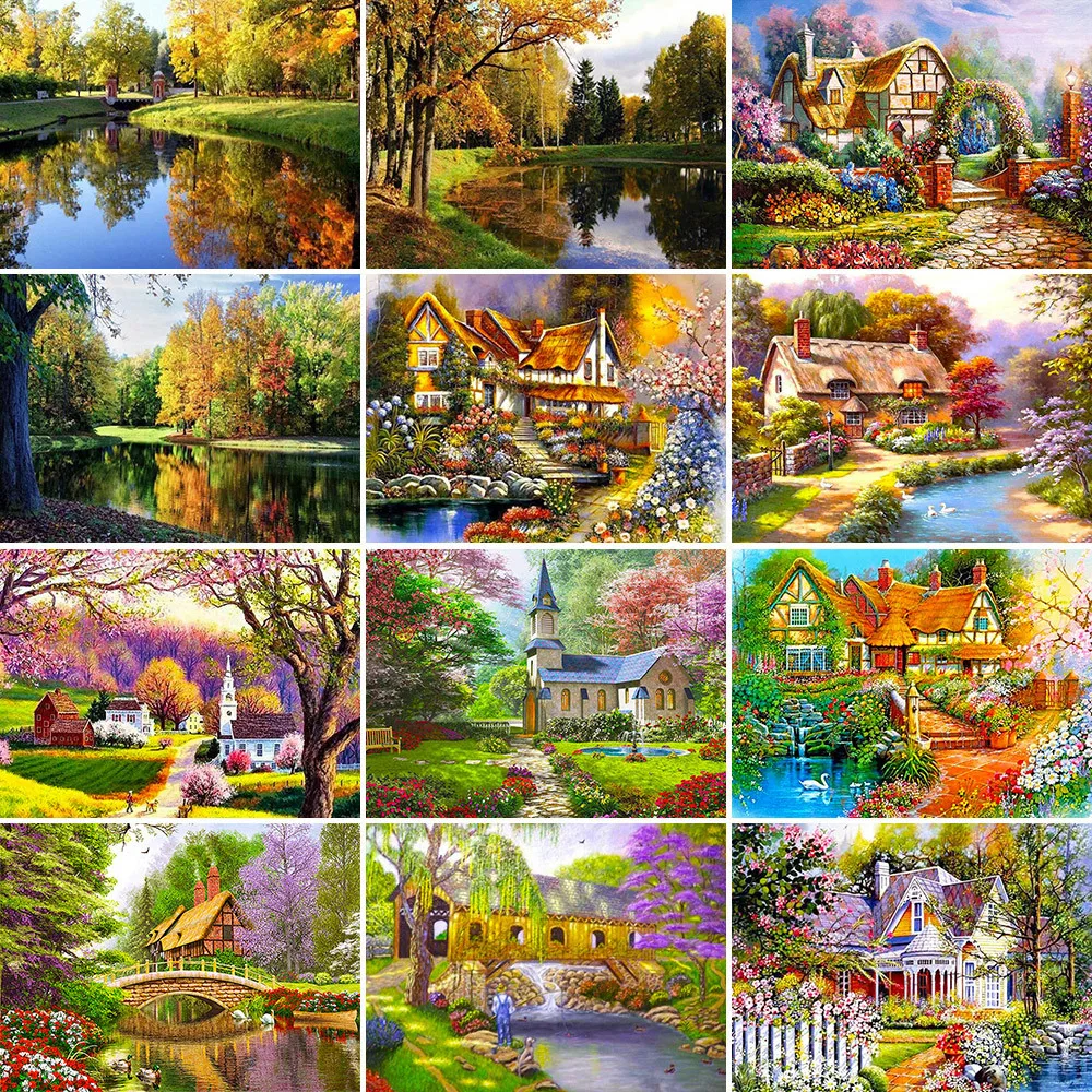 Landscape Green House Printed Canvas 11CT Cross-Stitch Embroidery Set Handmade Handiwork Painting Sewing Gift Package Counted