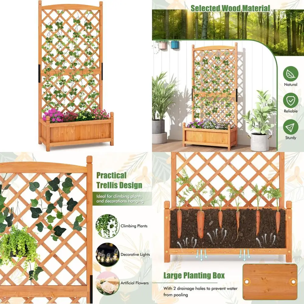 

Large Wooden Raised Garden Bed with Trellis, Diamond Lattice Design, 60 Planting Box for Outdoor Gardening with Drainage Holes