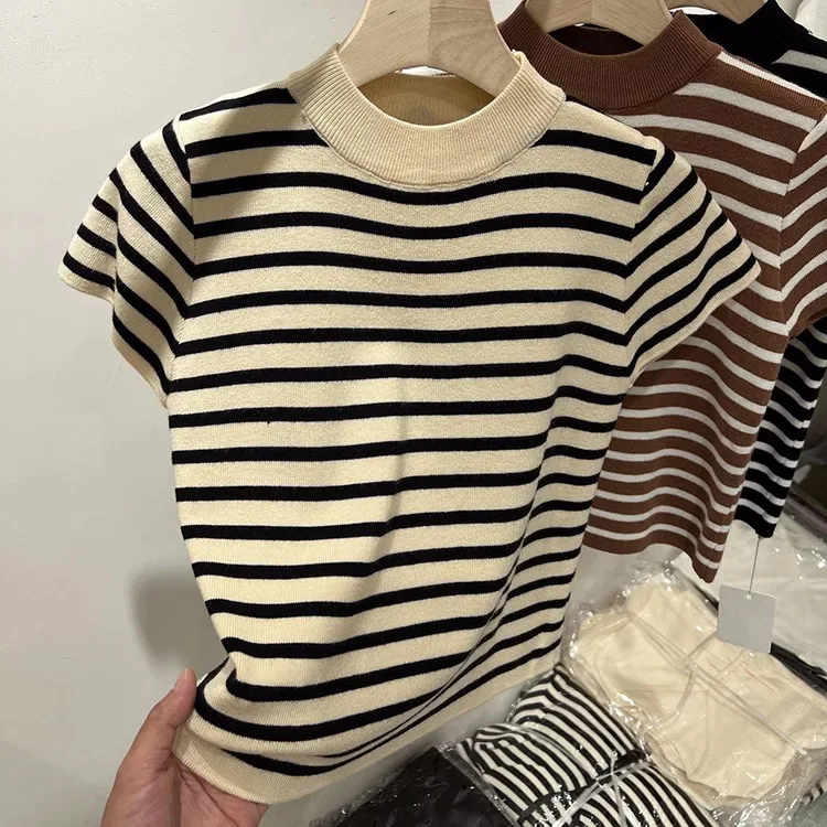 2026 Rollkragenpullover Gestreifter Pullover Slim Fit Oberteil Damen Frühling und Herbst Kurzarm Unterziehpullover – Detail 5