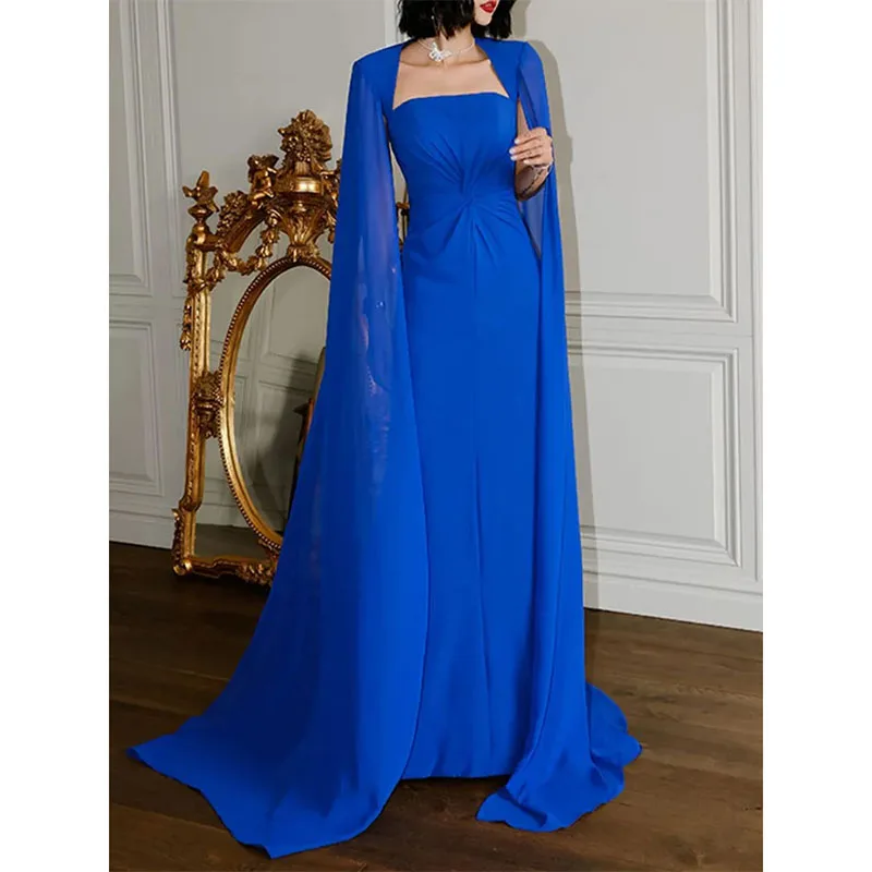 

Blue Arabic Dubai Women Evening Formal Dresses Cap Sleeves Pleats Chiffon Prom Pageant Gowns Celebrity Style Robe De Soiree