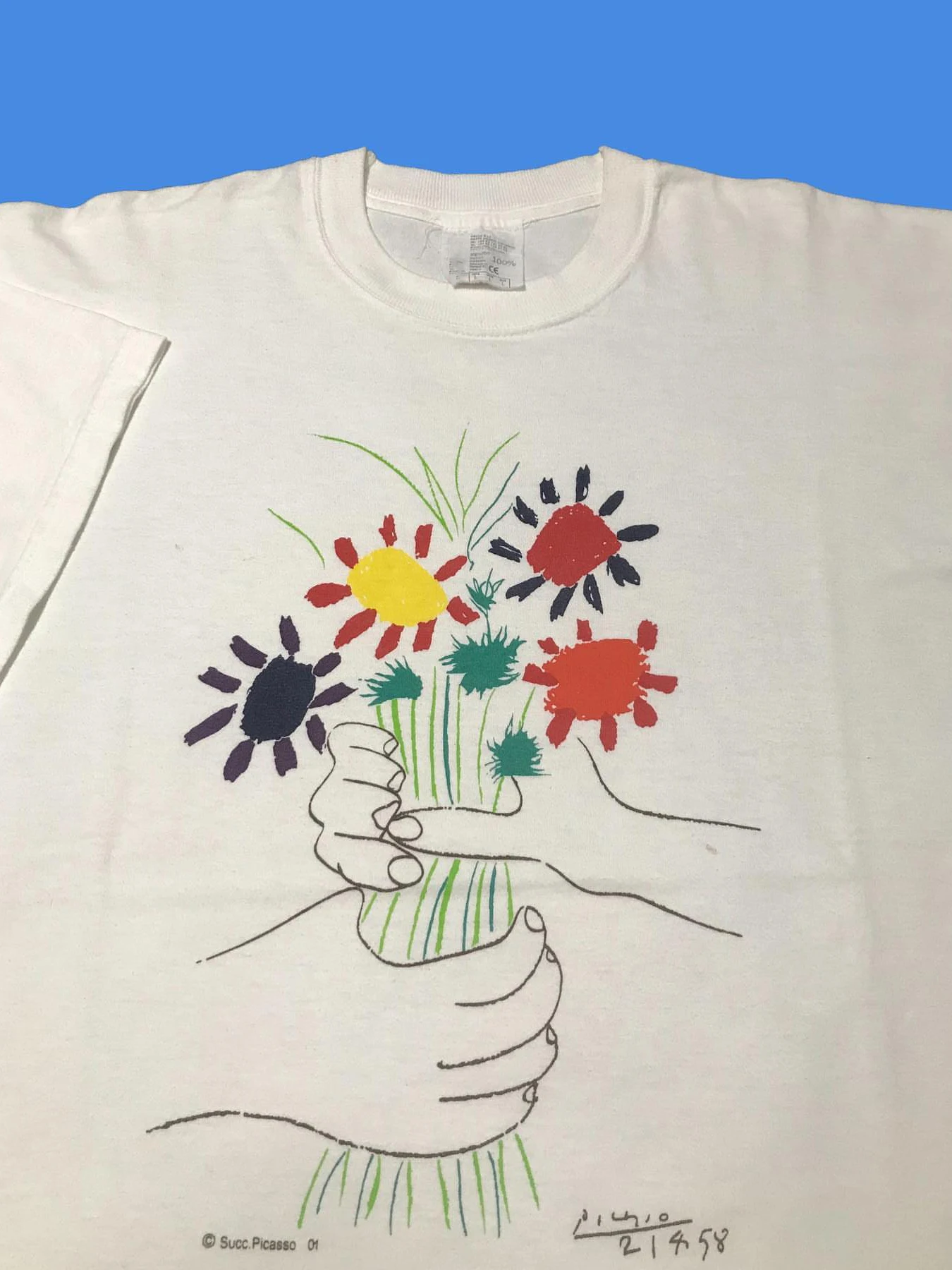 Artistic Hand-Held Flower Short-Sleeve T-Shirt American Retro Style Versatile Cotton round Neck Top for Men And Women