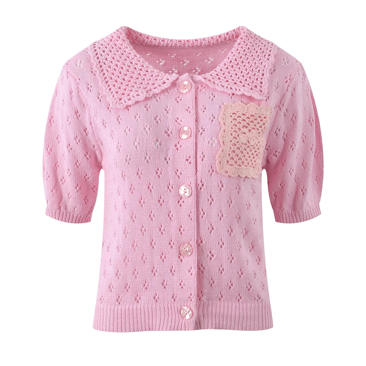 Ele European Sle ort Sve Knitted Open Cardigan Hollow out Retro Hook Flower Collar Versatile Slimming Women's Top