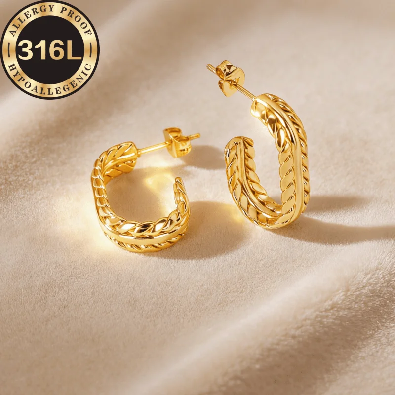Wheat grain round stainless steel earrings, anti-fading, comfortable and versatile, simple and elegant