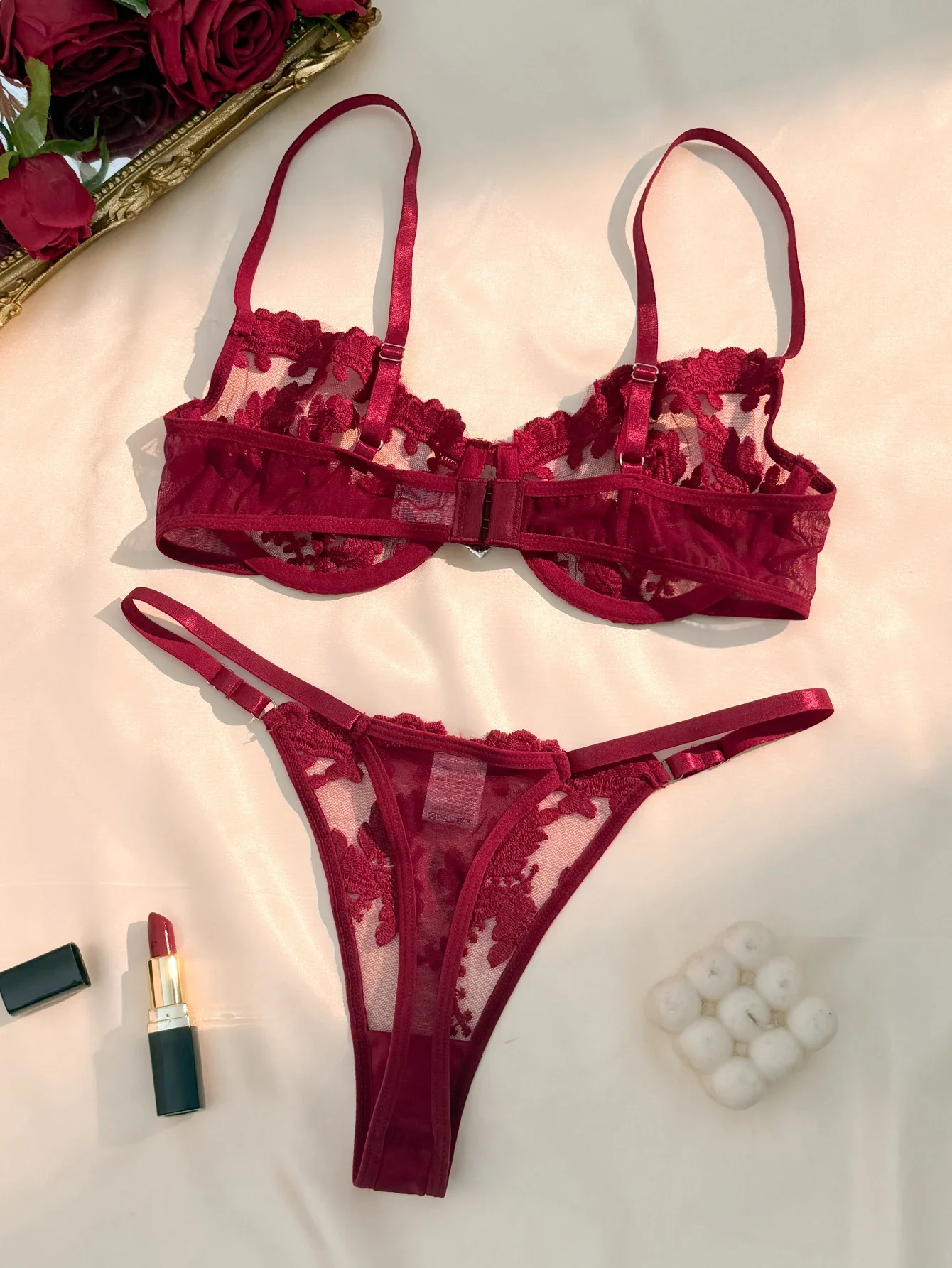 Ensemble de Lingerie 2 pièces pour femmes, oreilles de blé, Style campagne, broderie scintillante en forme de cœur, bretelles réglables