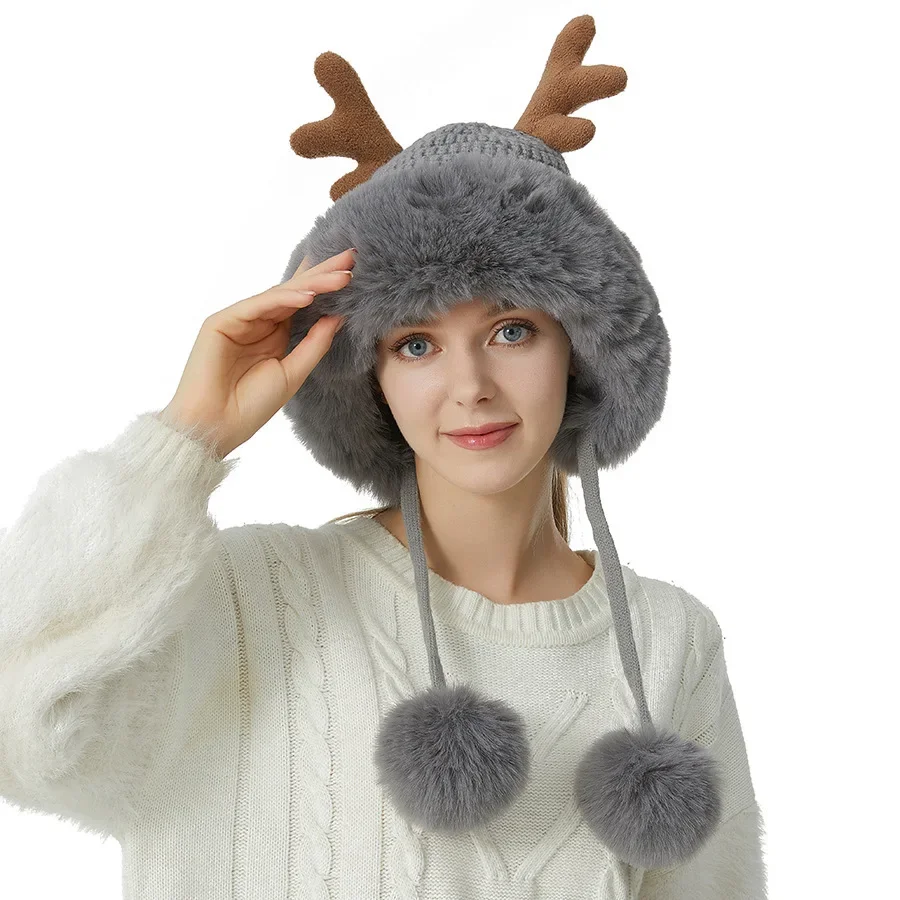 Women's Autumn Winter Christmas Antler Knit Beanie Plush Trim Cute Thick Warm Ear Flap Hat