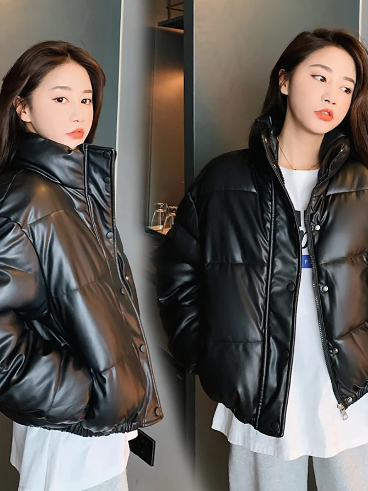 Winter Warm Thick PU Leather Coats Women Short Parkas Fashion Black Cotton Padded Lady Down Jacket Elegant Zipper Clothes 2024