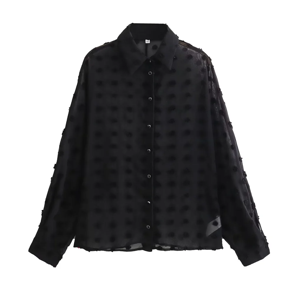 PB&ZA 2024 Spring New Women\'s Fashion and Elegance Casual Versatile Raised Polka Dot Semi Transparent Shirt