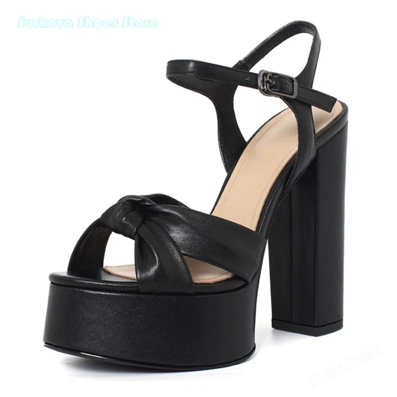 

Butterfly-knot Platform Sandals Solid Round Open Toe Square Heel Women's Shoes Summer Fashion Runway Buckle Strap Modern Sandals