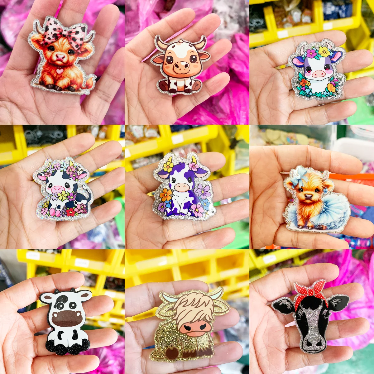 

Newly Glitter Acrylic Flower Bow Knot Cow Yak Cattle Charm Fit DIY ID Card Badge Holder Jewelry Making 6PCS