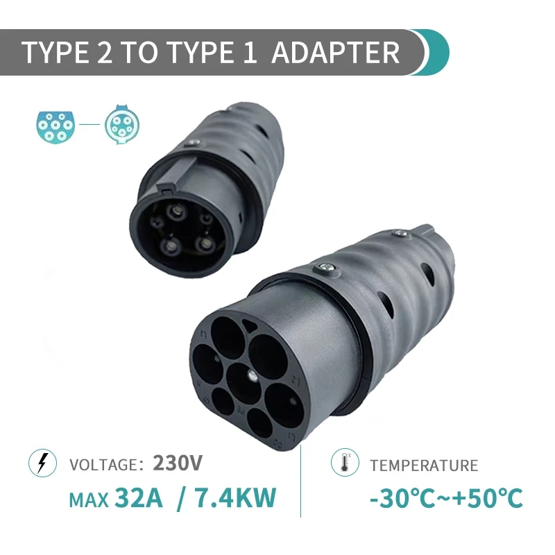 

Electric Vehicle Charging Adapter Barrel 32A Type2 to Type1 EV Charger Socket Connector SAE j1772 to IEC62196