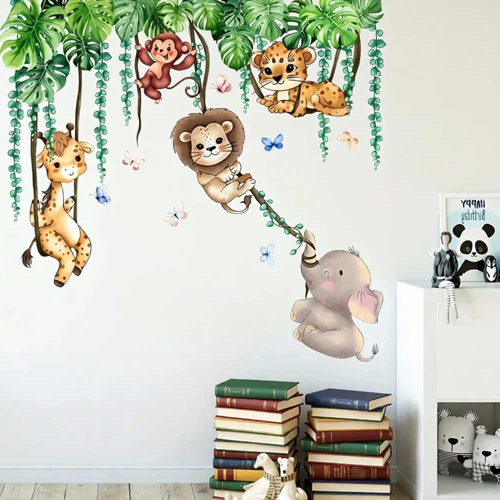 Watercolor Jungle Animals Wall Decal, Safari Friends (Lion, Monkey, Giraffe, Elephant) on Vines with Tropical Leaves Removable N