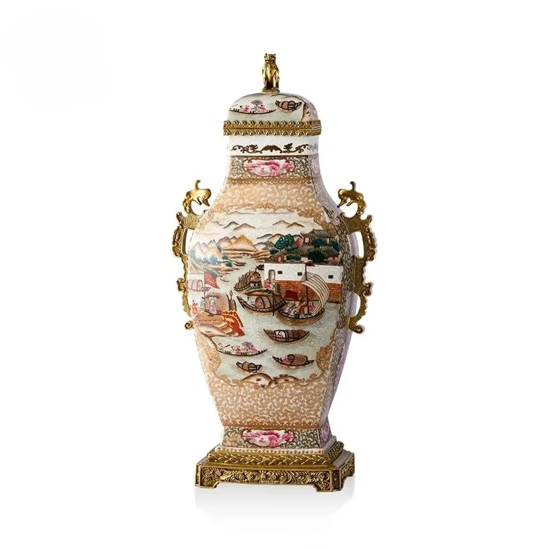 &c Creative Retro Classic Brass Bird Flower Ceramic Vase Tall Ginger Jar Art Decor Design for Home Tabletop Decoration Factory