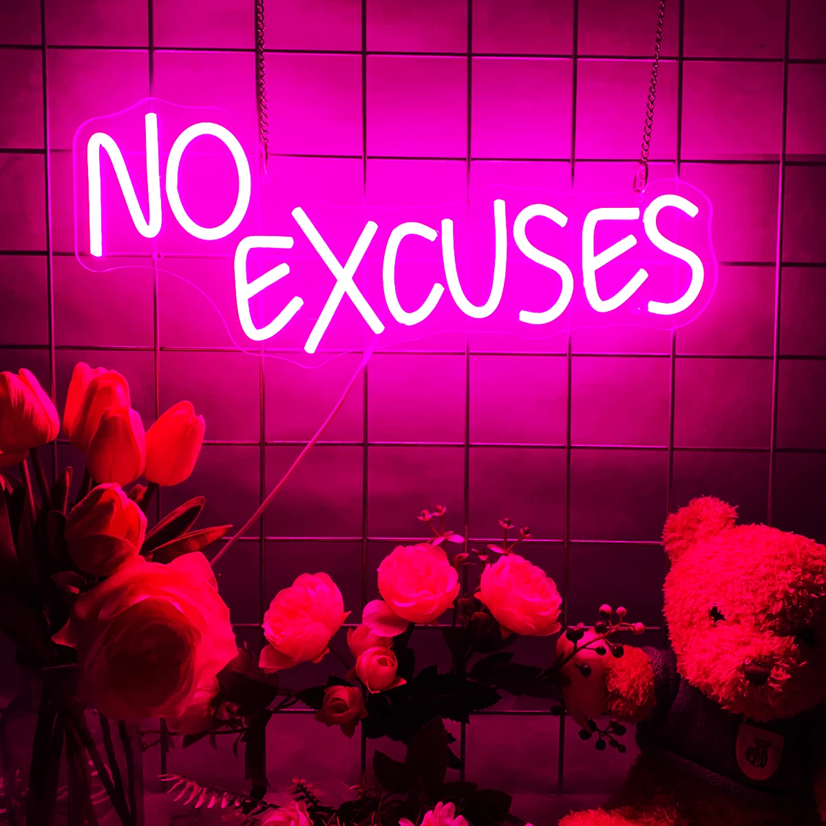 

No Excuses Neon Sign Pink Inspirational LED Light, Motivational Dimmable Wall Art Decor Neon, Gym Accessories Sign