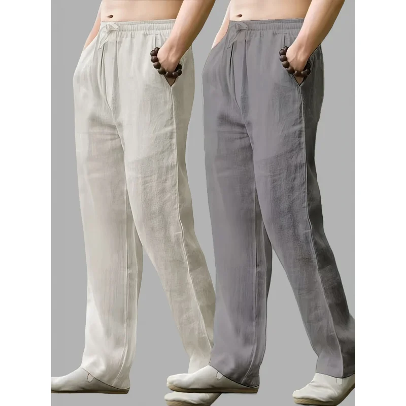 

2Pack of Spring and Autumn Men's Fashion Drawstring Elastic Waist Sports Casual Loose Cotton Linen Pants Straight Pants