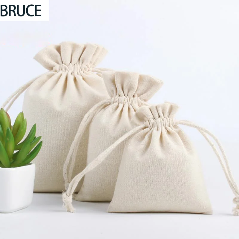 20PCS Linen Gift Bags Cotton Jute Drawstring Pouch Packing Jewelry Makeup Party Wedding Candy Wrappling Reusable Sack Print Logo