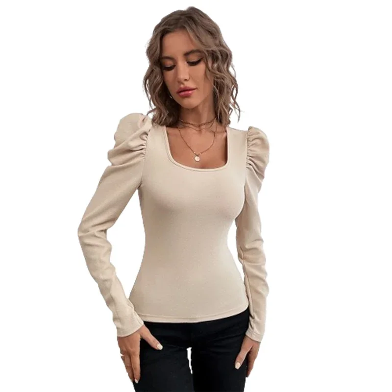 

Fashion Splice Bubble Long Sleeve Women T-Shirt Autumn Winter Square Neck Knitted Tees Female New Elegant Commuter Slim Fit Tops