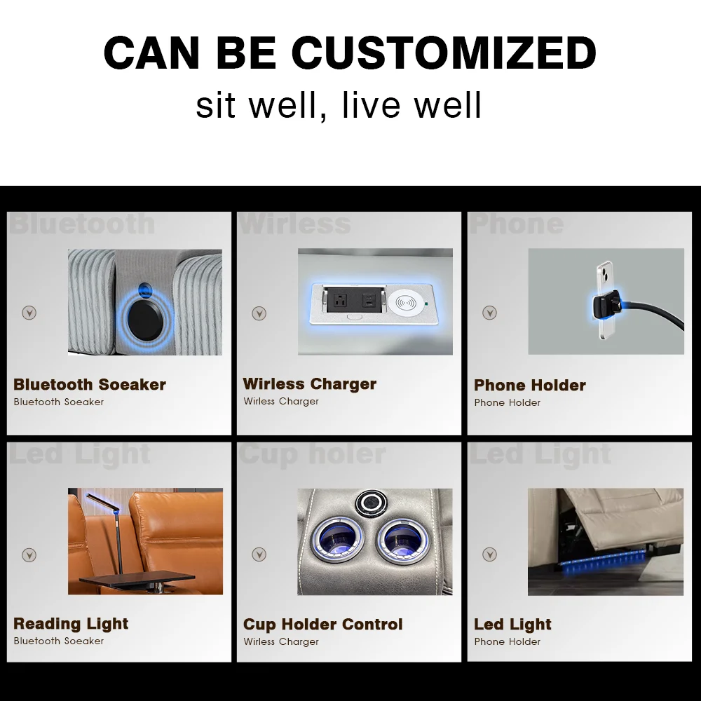 Многофункциональный интерьер гостиной, кинотеатр, моторизованный диван, секционное одноместное театральное кресло, черное кожаное электрическое кресло