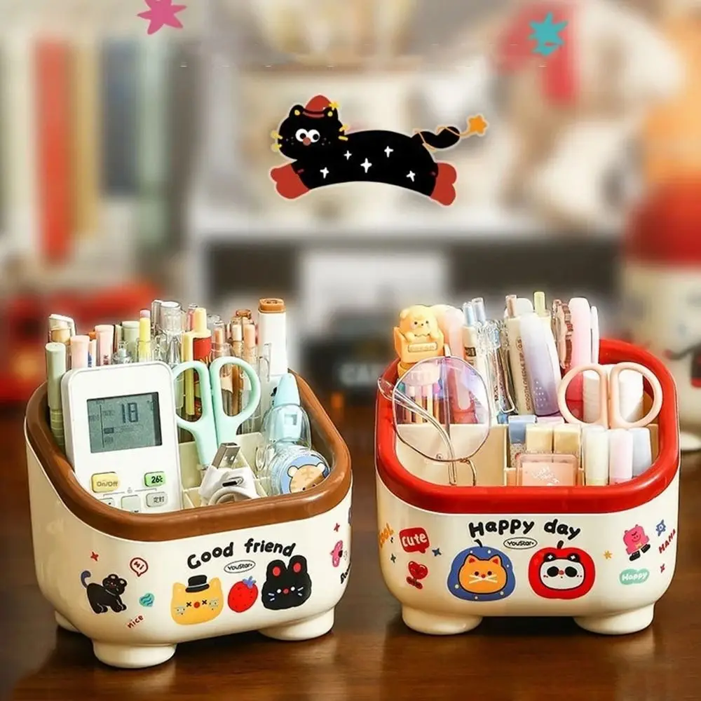 

Cartoon Desktop Pen Holder Large Capacity Multi Grid Stationery Storage Box Space Saving with Random Stickers Pencil Organizer