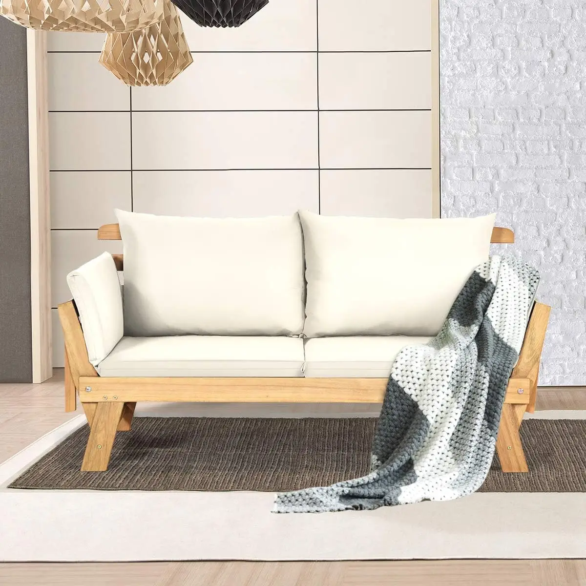 

Convertible Acacia Wood Patio Couch Sofa Bed with Adjustable Armrest, Outdoor Daybed with Cushion & Pillows, Outside Folding