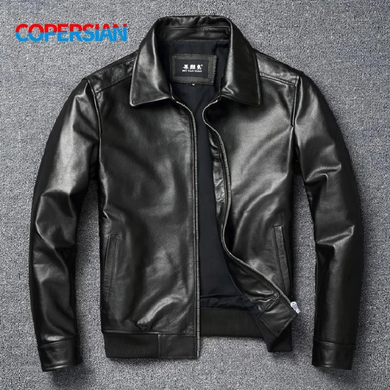 Plus size.Autumn New Men's Top Layer Cowhide Baseball Suit Casual Motorcycle Jacket Autumn and Winter Coat