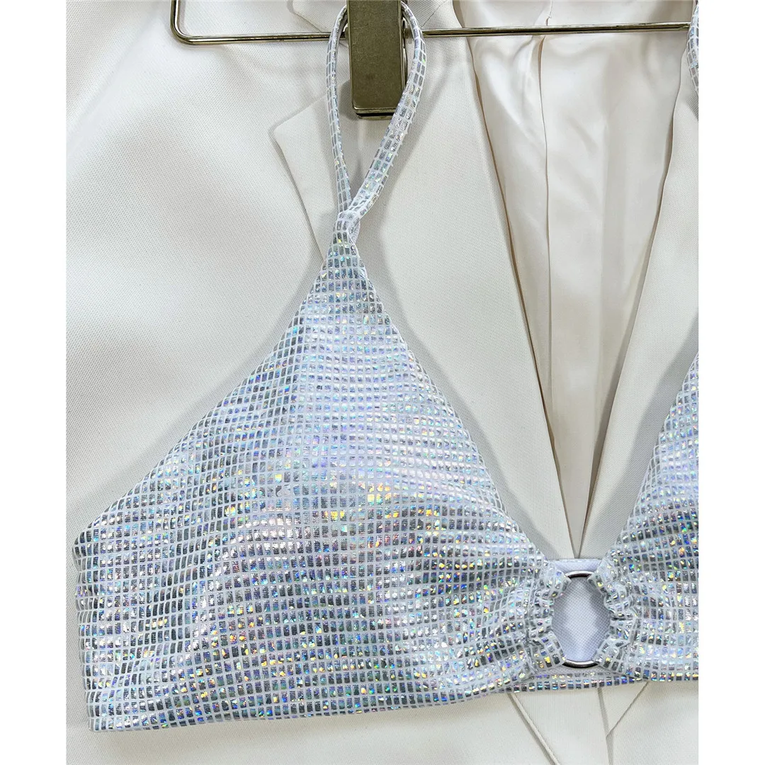 Silberne Pailletten, hoch geschnittene Bikinihose, zweiteiliger Damen-Bikini, Badeanzug, gepolsterter Badeanzug, Badebekleidung, Modell V3717. – Detail 10