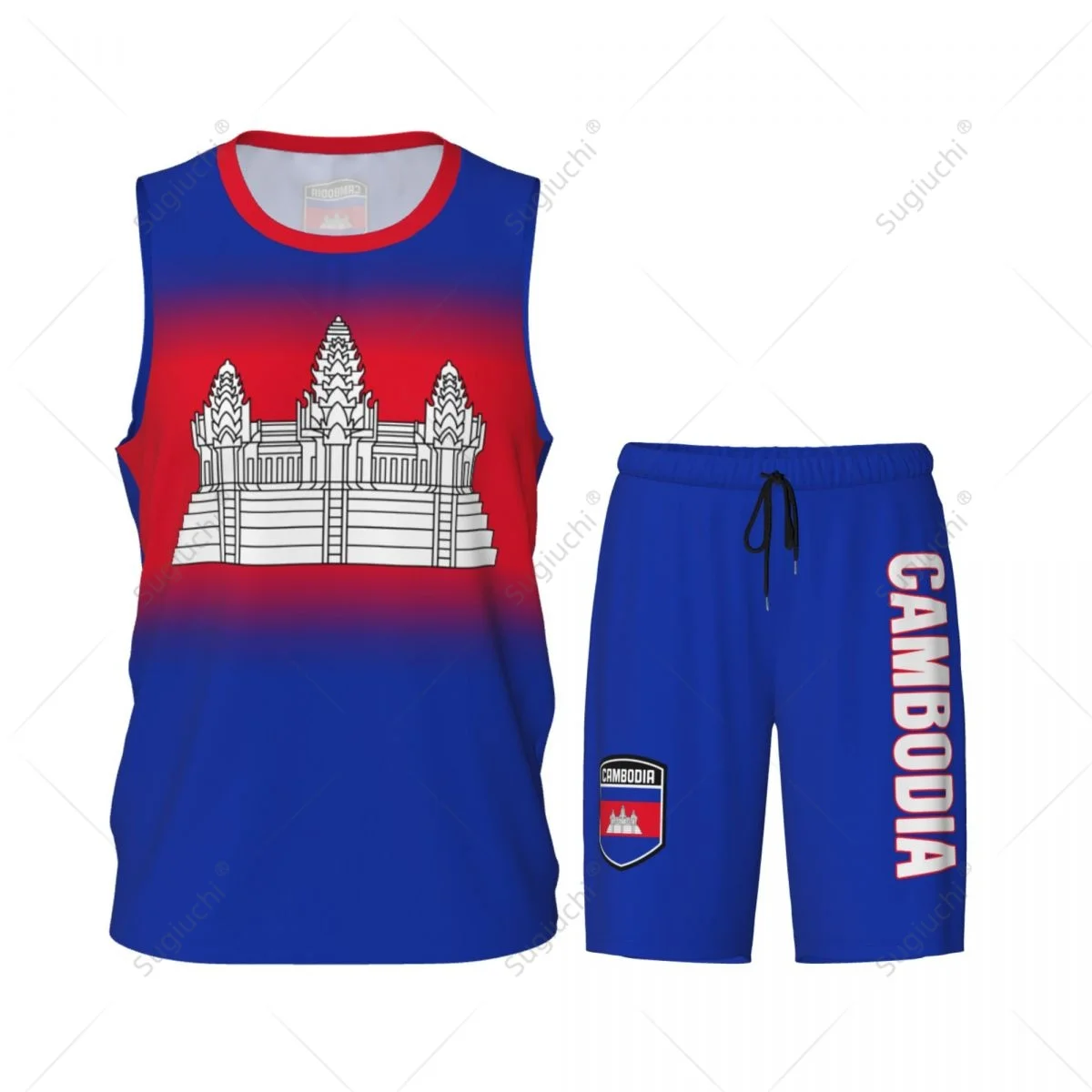 Men Cambodia Flag Basketball Set Mesh Shirt & Pants Sleeveless Exclusive Team-up Custom Name Nunber Unisex