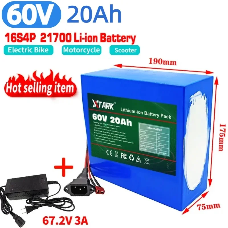 

60V 16S4P 21700 Lithium Battery Pack 1000W-3000W 20A BMS T XT60 Plug for Electric bicycle Motorcycle scooter ebike battery