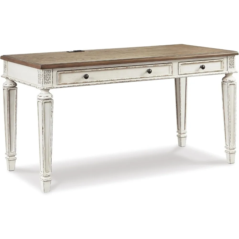 การออกแบบลายเซ็นโดย Ashley Realyn Farmhouse โต๊ะทํางานที่บ้านขนาด 60 นิ้วพร้อมการชาร์จ USB สีขาวบิ่น