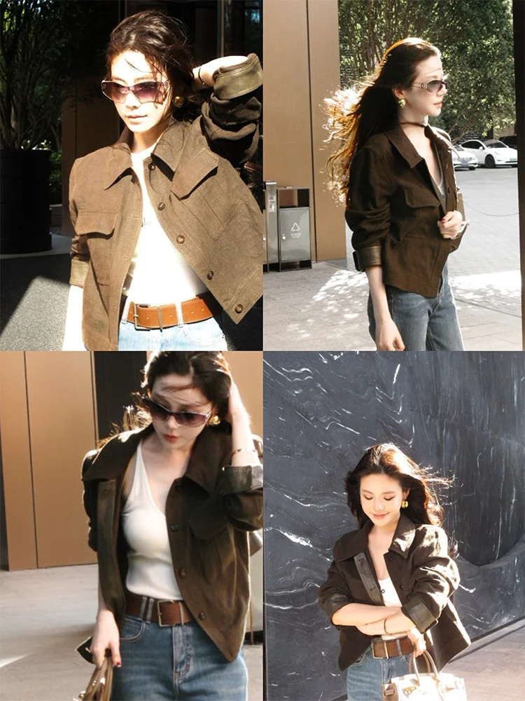 Teec Linen Jaet Retro Sle Patchwork-jas voor dames Herfstmode Dames korte bovenkleding Geldzakontwerp