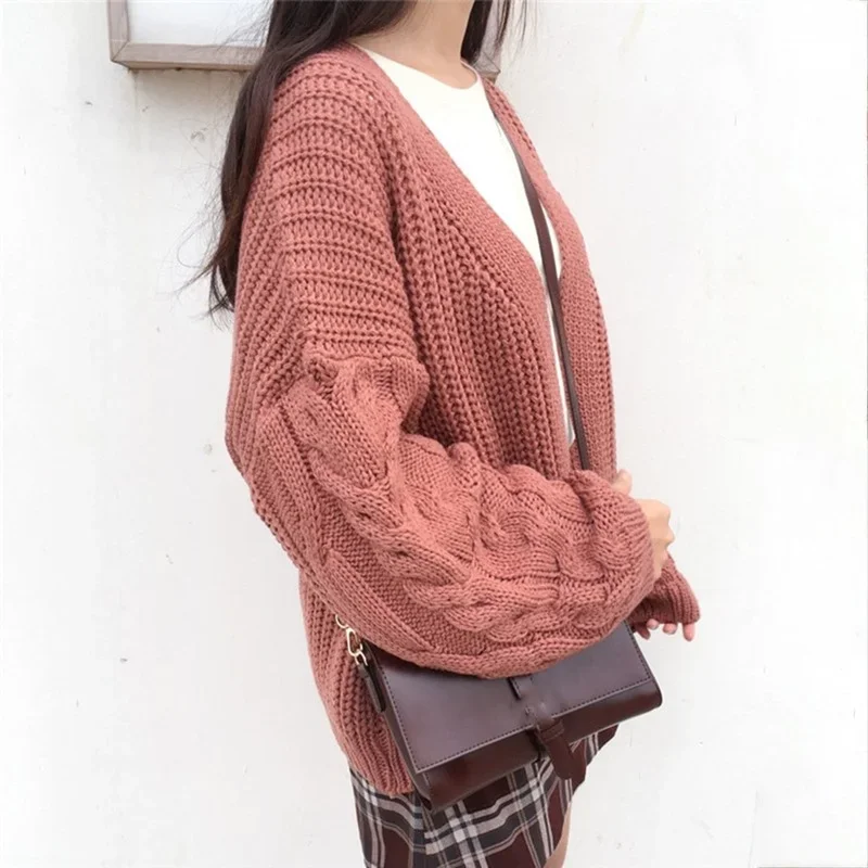 Oversized Knit Sweater Brown  Autumn Winter New Women Korean Fashion Sweet Long Sleeve Twisted Knitted Coat Sweater Cardigan