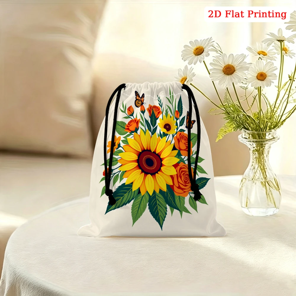 1pc Floral Drawstring Bag White Sunflower Rose Butterfly Print Storage Small Pouch For Travel Cosmetics Jewelry Organizer Portab