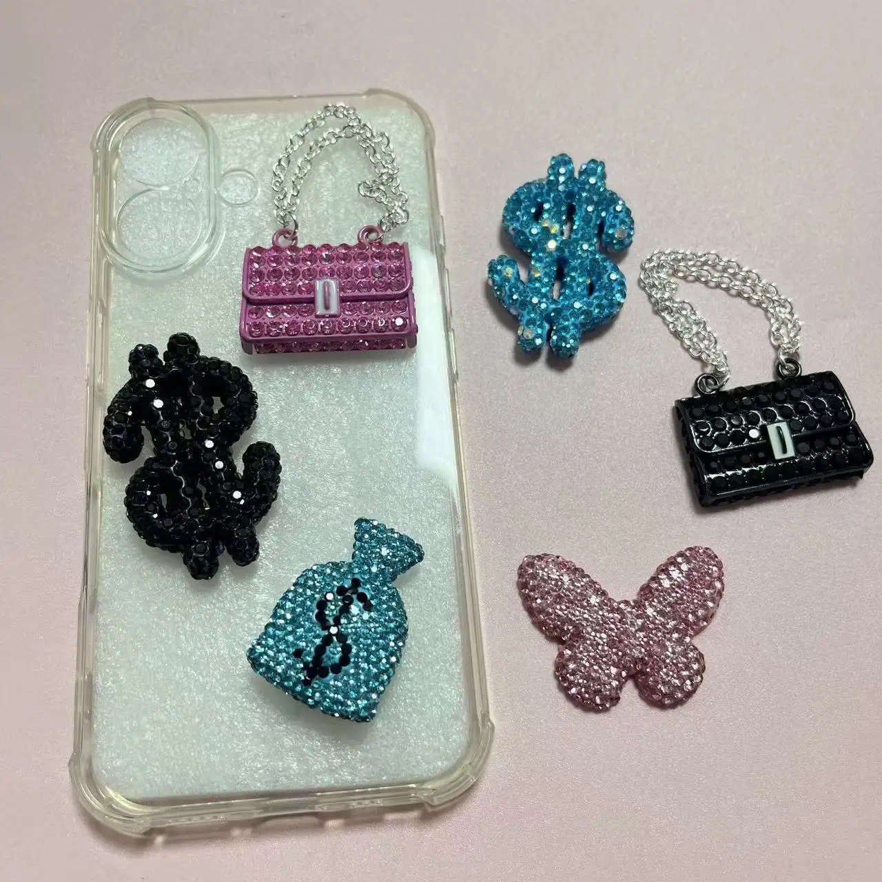 

Bulk Supply 2Pcs Pink Black Blue Series Luxury Bling Rhinestone Clay Butterfly Lip Bow Cherry Charms Junk Phone Case Decorations