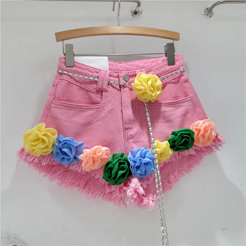 Handmade 3D Flowers Slim Denim Shorts Women Summer Autumn High Waist Short Jeans Trousers Floral Embroidery Pantalones