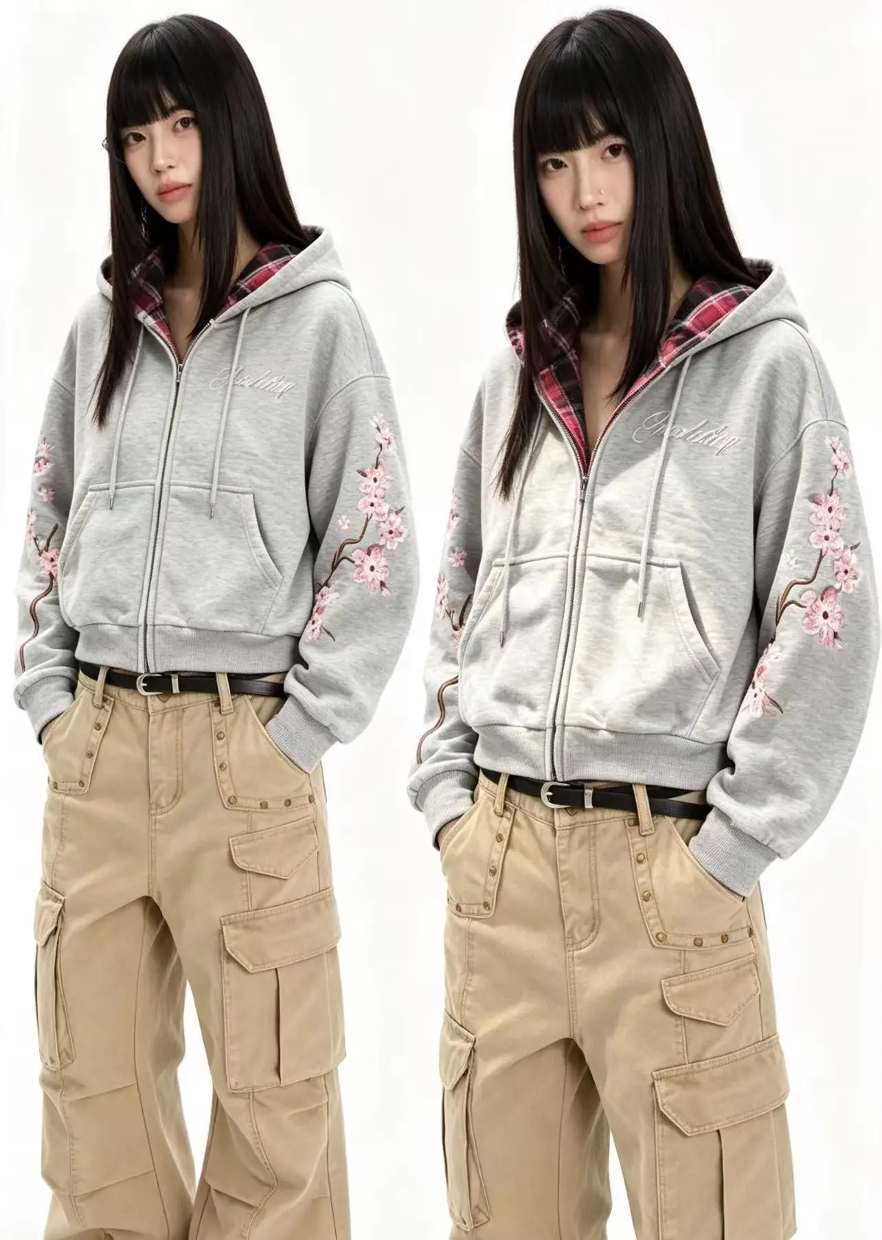 Y2K American Retro Cherry Blossom Letter Embroidery Patchwork Reversible Hoodie Oversize 2026 Harajuku Loose Street Fashion Coat