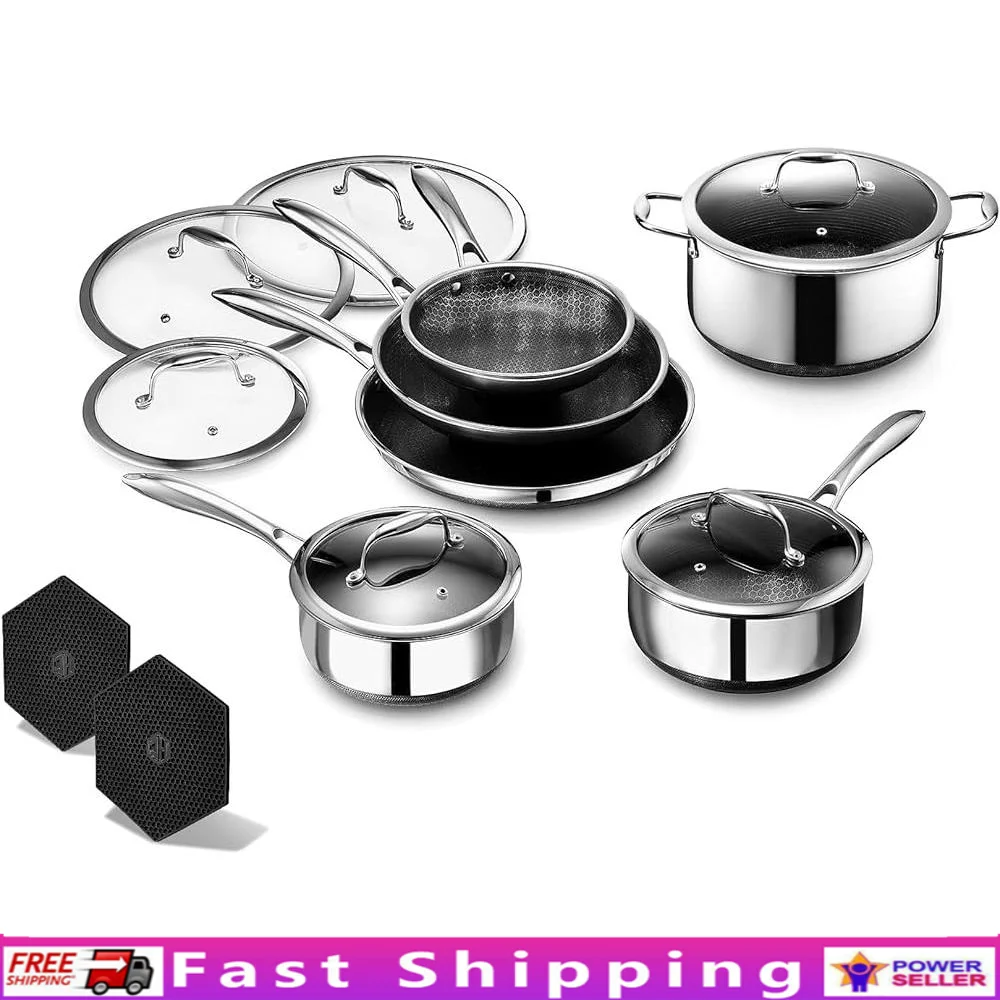 

12 Piece Hybrid Stainless Steel Cookware Set Nonstick Frying Pan Pot Set with Lids Induction Compatible Oven Safe Easy Clean