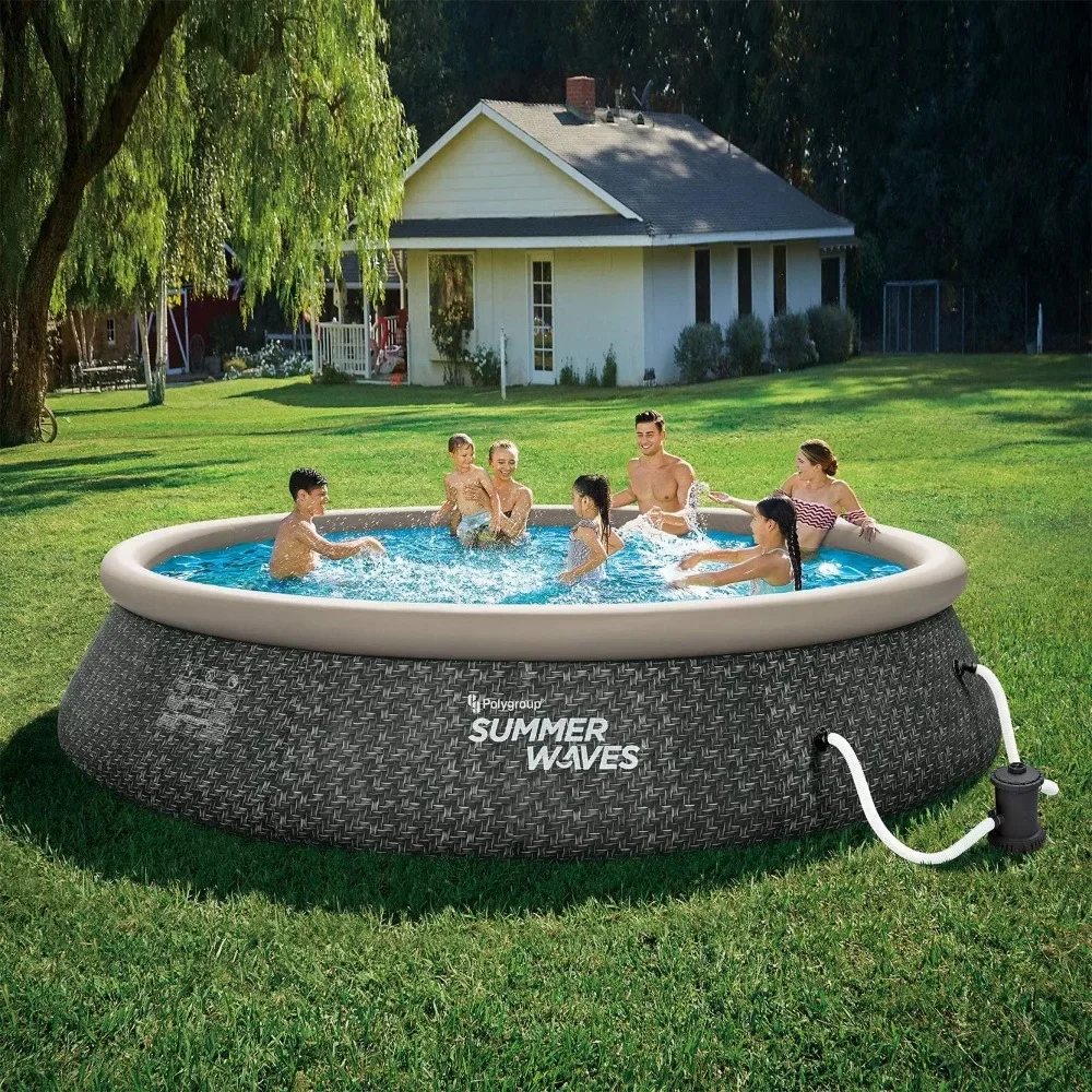 Summer Waves P1A01536A 15ft x 36in Round Quick Set Inflatable Ring Above Ground Swimming Pool with Filter Pump