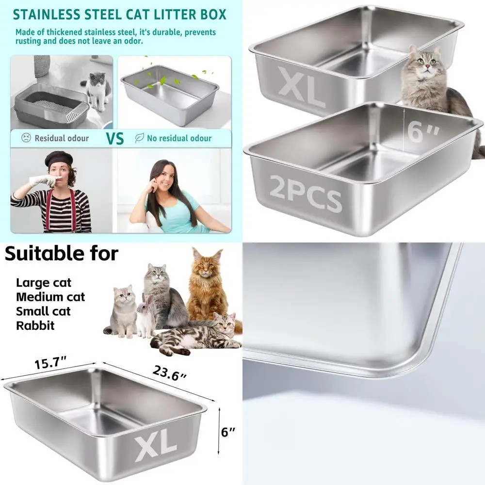 

Очень большие лотки для кошек из нержавеющей стали — 2 шт., глубокие, с высокими бортами, для взрослых кошек, легко чистятся, без запаха, не прилипают