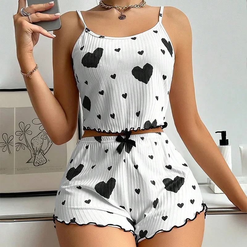 2024 Women\'s Pajamas Set Cami Trousers Sleepwear suit Sleeveless Sexy Top Heart Print Pyjama Loungewear Outwear Summer Lingerie