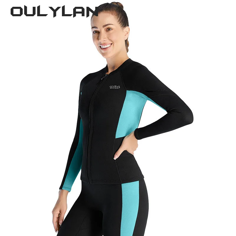 Oullan เสื้อดำน้ำ1.5มม. แขนยาว Baju menyelam Neoprene สำหรับผู้หญิงผู้ชายเสื้อโค้ทดำน้ำตื้นเสื้อแจ็คเก็ตโต้คลื่นชุดว่ายน้ำกันหนาว