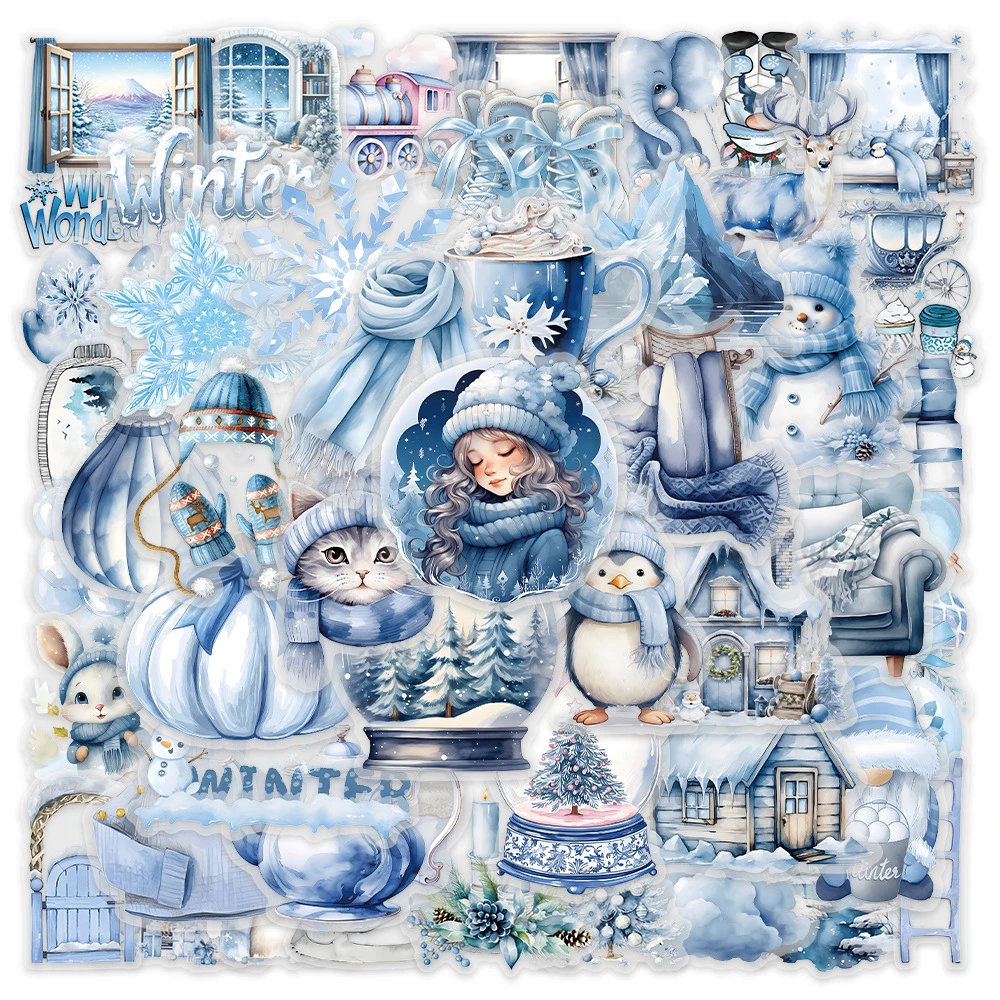 10/30/50pcs Transparent Blue Cute Winter Snow Stickers Aesthetic Cartoon Graffiti Decals DIY Notebook Suitcase Phone Sticker Toy