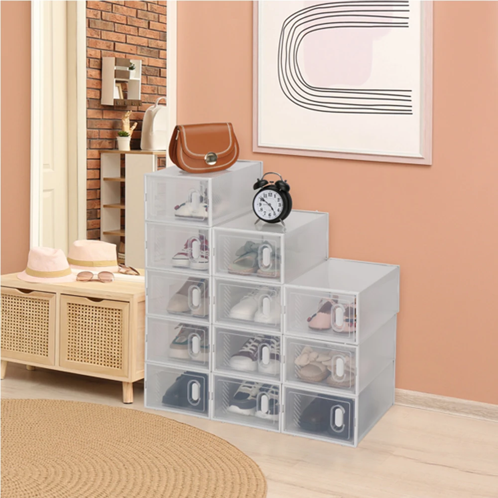 Multi functional shoe box: easy to assemble, stackable and transparent visible door design, ideal storage box for various shoes