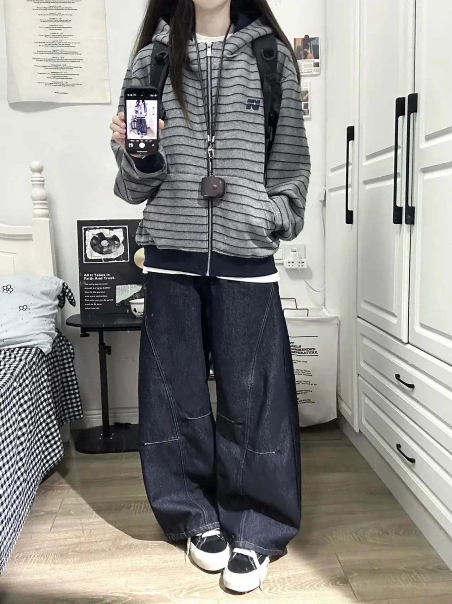 Retro American Striped Embroidered Open Cardigan Sweatshirt Women Loose Lazy Style Couple Hooded Spring Autumn Trendy Jacket