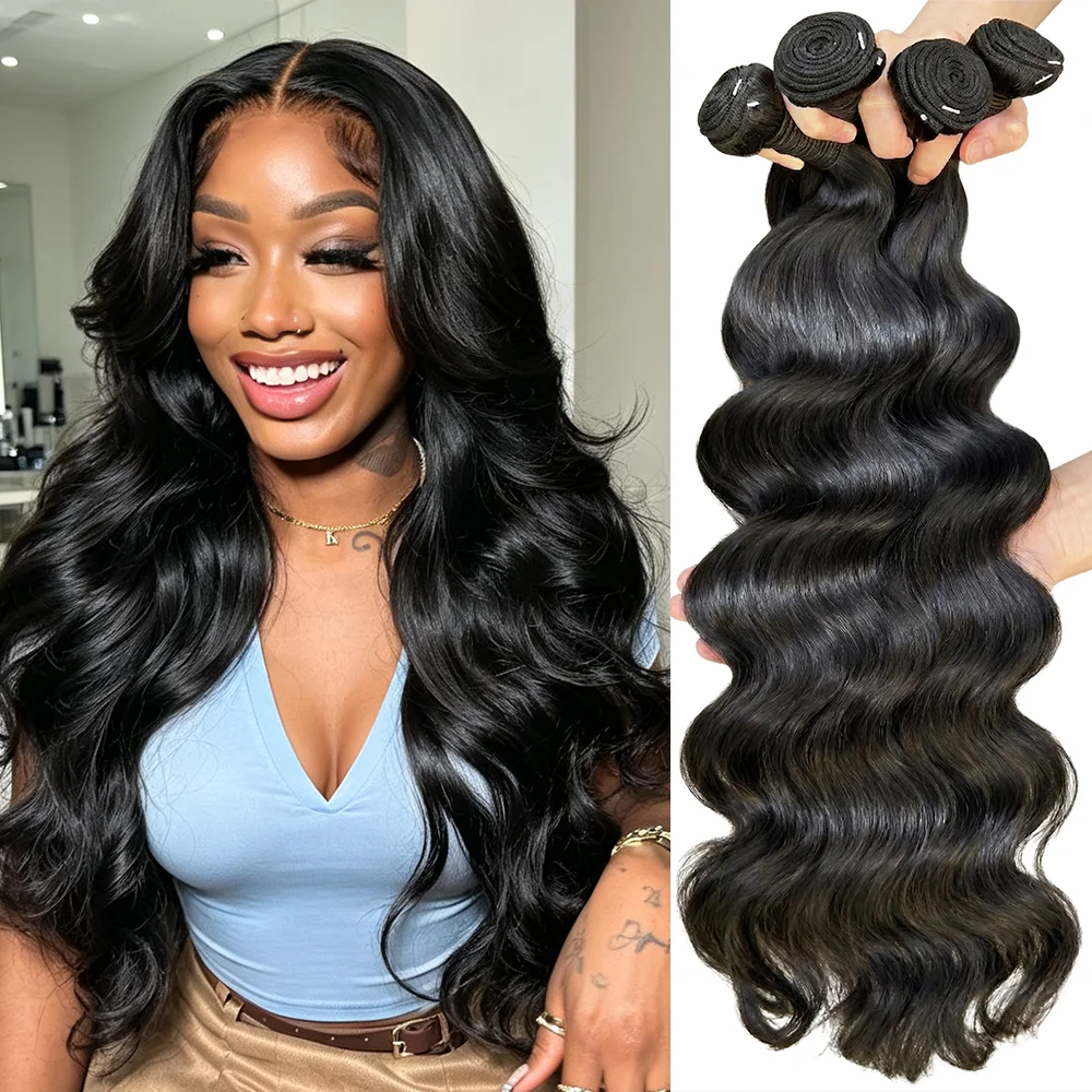30 32 Inch 16A Body Wave Bundles 100% Human Hair Brazilian Virgin Weave Raw Hair 2 3 4 Pcs Wet And Wavy Double Weft Thick Human Hair Bundles Extensions Natural Black