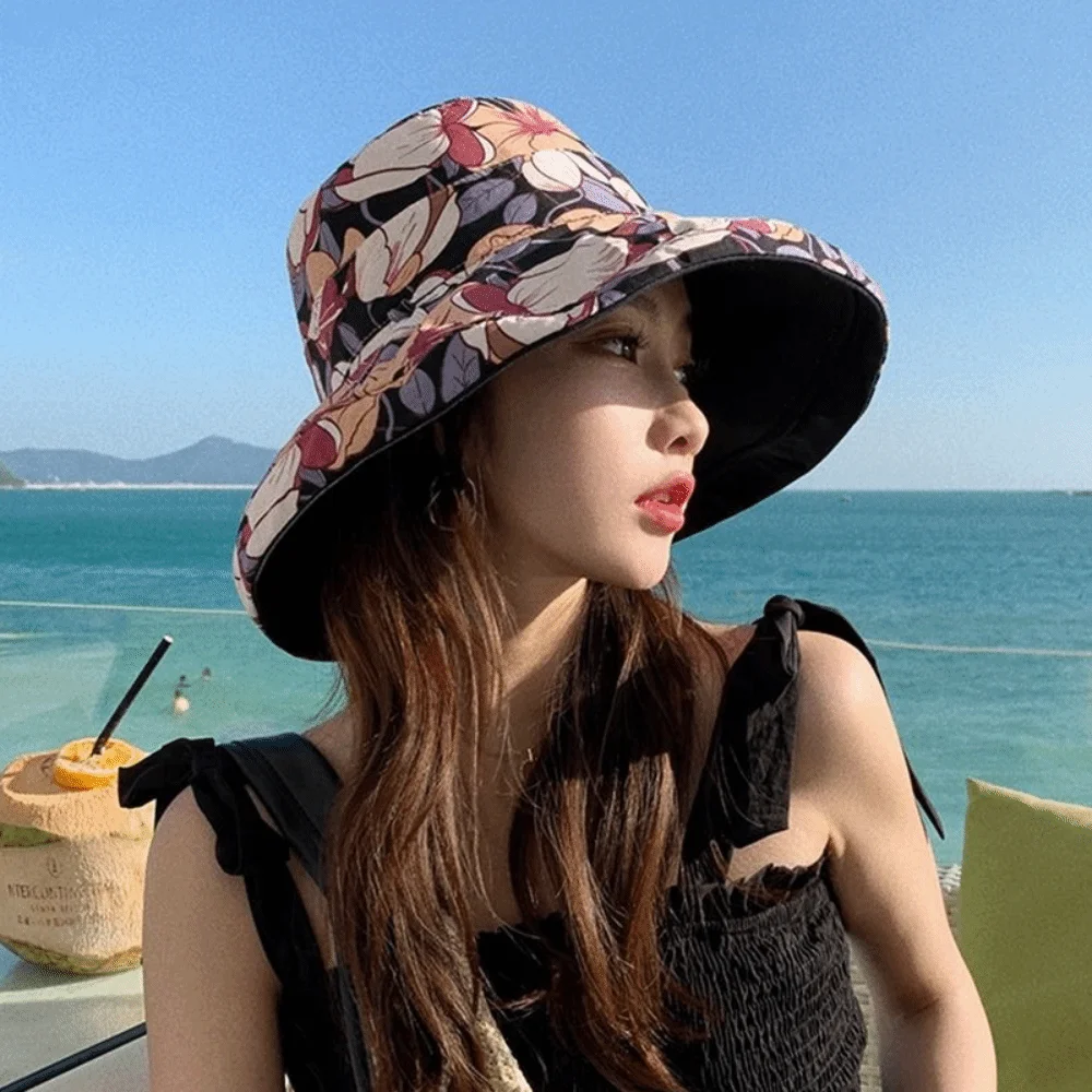 

Double-Sided Women Fisherman Hat Flower Print Solid Color Summer Sun Hat Sun Protection Breathable Sunscreen Visor Cap Beach