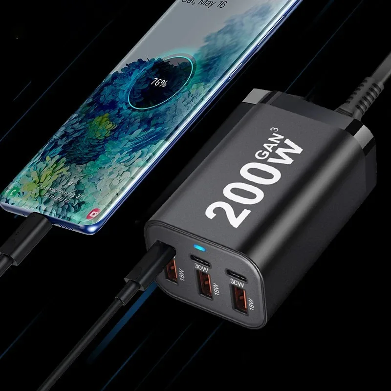 USB C Fast 200W 6-Port Charging Fast GaN Charger Power Adapter For iPhone 14/13/12 Series, Samsung Galaxy S23/S22/S21